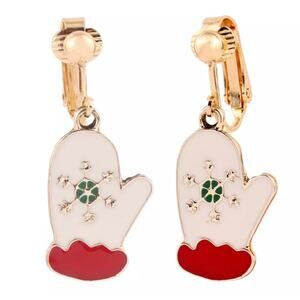 Clip on 1 1/2" gold and white multi colored dangle Christmas mitten earrings